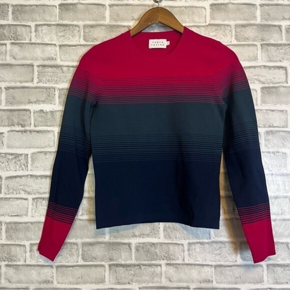 Tanya Taylor Hot Pink Navy Striped Crew Pullover Robin Robert's Elyse Sweater S
